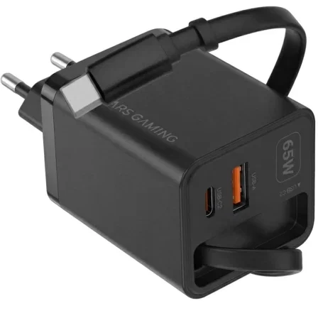 Mars Gaming MD-GAN65R Cargador de Pared GaN 65W con Cable USB-C Retráctil Negro
